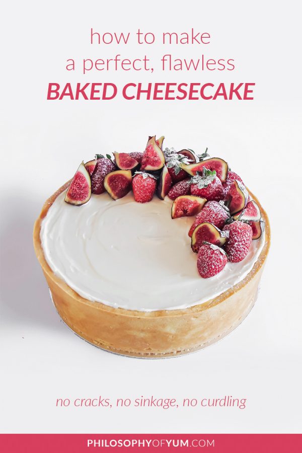 The Ultimate Guide to PERFECT Baked Cheesecake gives you ALL the help you need to bake perfect cheesecake at home. We discuss all the causes and prevention of cracking, sinking, under-baking, over-baking etc. After reading this post you should have NO fear to make your own perfect baked cheesecake. #cheesecake #bakingtips #bakedcheesecake #cheesecakerecipe