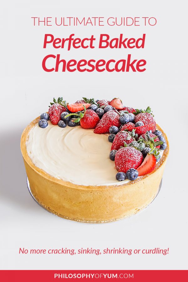 How to bake flawless baked cheesecake at home! Learn all the tricks and causes behind shrinking, sinking, cracked baked cheesecake. You'll never have to deal with these problems again. Click through to start mastering baked cheesecake today :) #cheesecake #cheesecaketips #bakingtips #perfectcheesecake